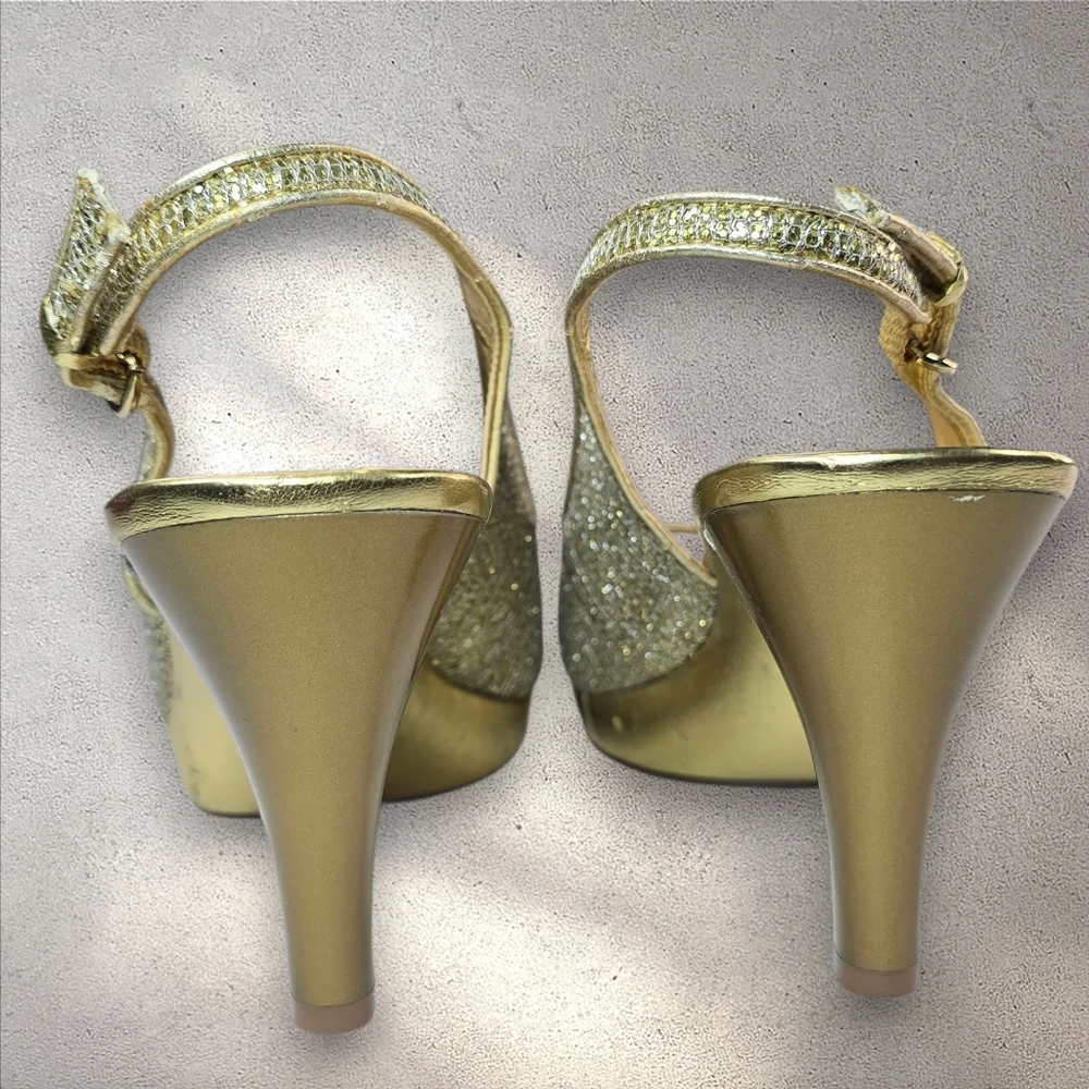 Nine West Gold‎ Metallic Glitter Slingback Heels Size 10